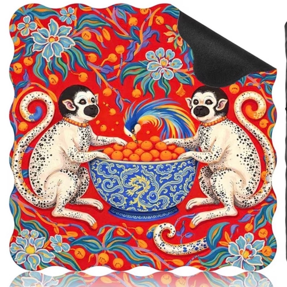Colorful Monkey & Fruit Decorative Mahjong Mat  - Vibrant Red